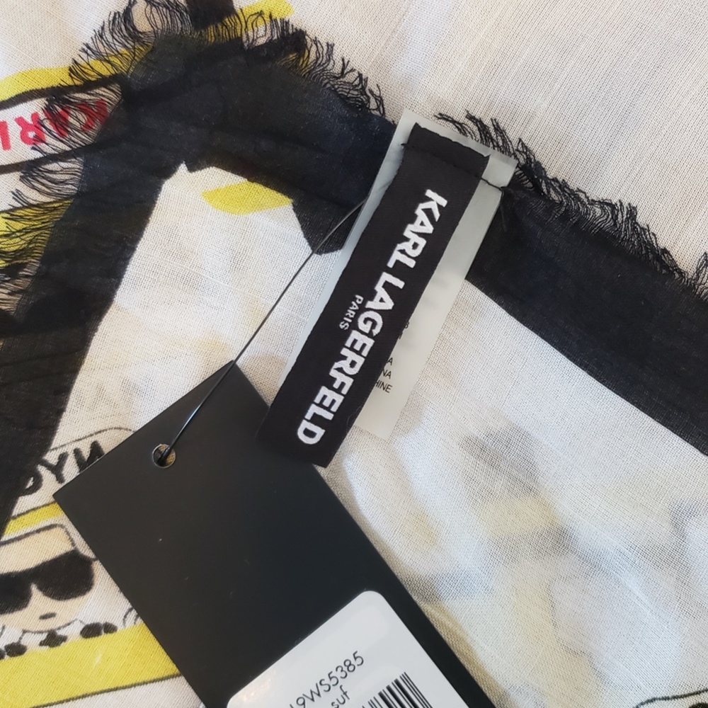 NWT Karl Lagerfeld Ikonik Print Silk Modal Large Square Frayed Edges Black Scarf - Picture 14 of 15
